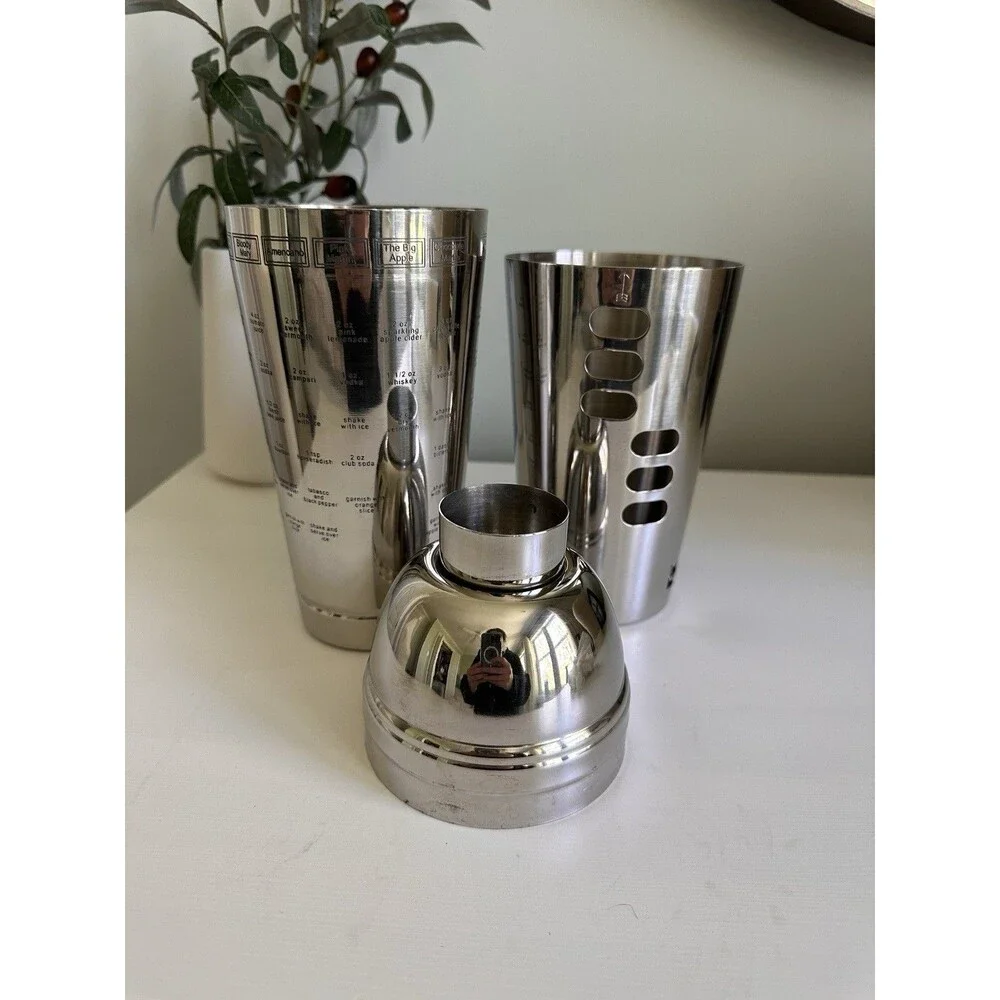 Vintage Stainless Steel Dial-a-Drink Mixer Shaker 3 Piece Set Cocktail Cup